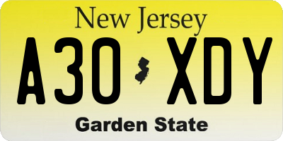 NJ license plate A30XDY