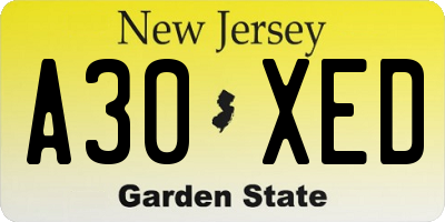 NJ license plate A30XED