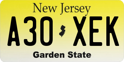 NJ license plate A30XEK