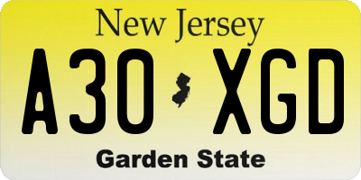 NJ license plate A30XGD