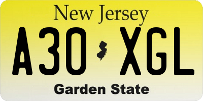 NJ license plate A30XGL