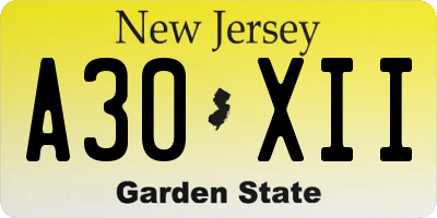 NJ license plate A30XII
