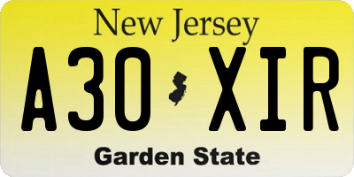NJ license plate A30XIR