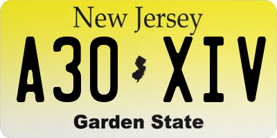 NJ license plate A30XIV