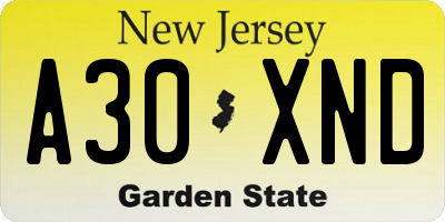 NJ license plate A30XND