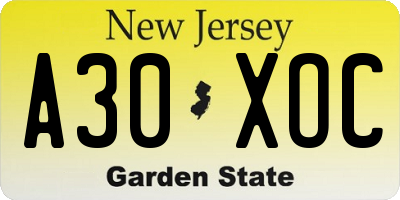 NJ license plate A30XOC