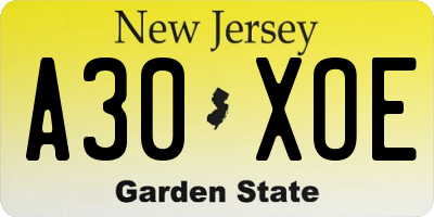 NJ license plate A30XOE