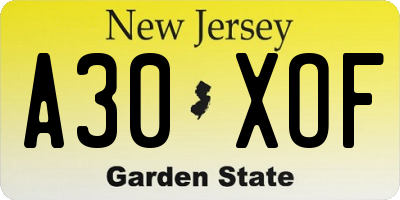 NJ license plate A30XOF