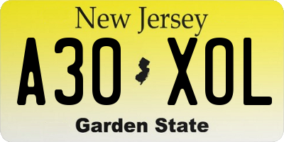 NJ license plate A30XOL