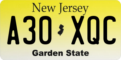 NJ license plate A30XQC