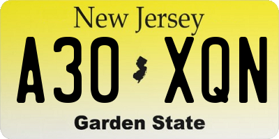 NJ license plate A30XQN
