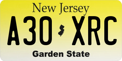 NJ license plate A30XRC