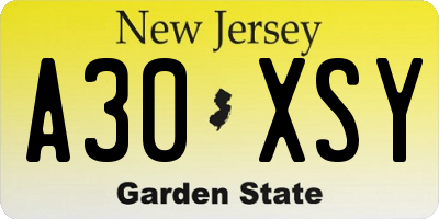 NJ license plate A30XSY