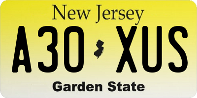 NJ license plate A30XUS