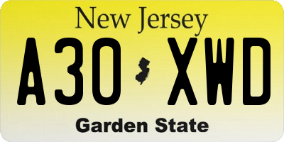 NJ license plate A30XWD