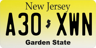 NJ license plate A30XWN
