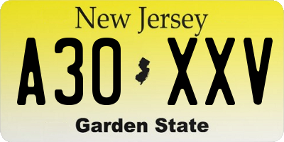 NJ license plate A30XXV