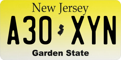 NJ license plate A30XYN