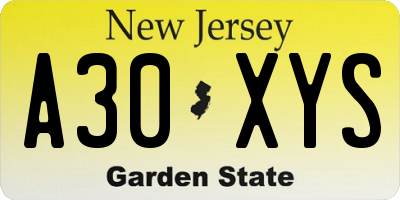 NJ license plate A30XYS