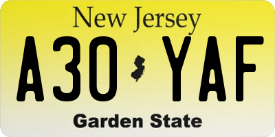 NJ license plate A30YAF