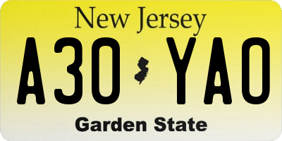 NJ license plate A30YAO