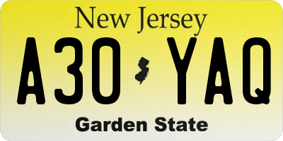 NJ license plate A30YAQ