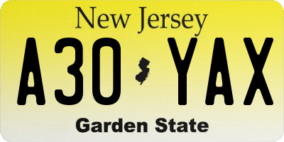 NJ license plate A30YAX