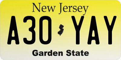 NJ license plate A30YAY