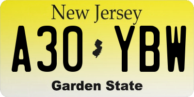 NJ license plate A30YBW