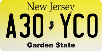 NJ license plate A30YCO