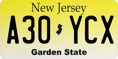 NJ license plate A30YCX