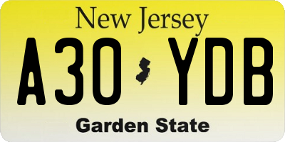 NJ license plate A30YDB