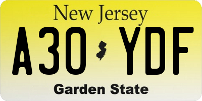 NJ license plate A30YDF