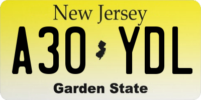 NJ license plate A30YDL