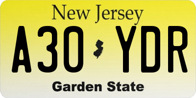 NJ license plate A30YDR