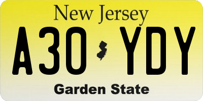 NJ license plate A30YDY