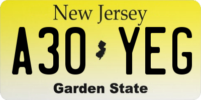 NJ license plate A30YEG