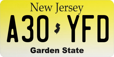 NJ license plate A30YFD