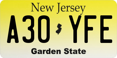 NJ license plate A30YFE