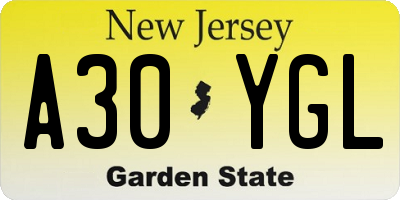 NJ license plate A30YGL