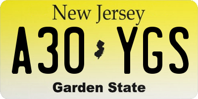 NJ license plate A30YGS