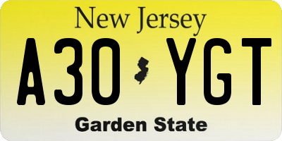 NJ license plate A30YGT