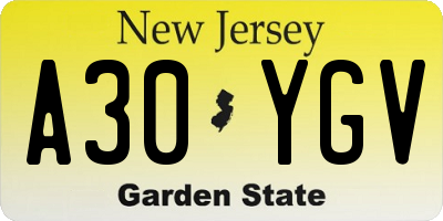 NJ license plate A30YGV