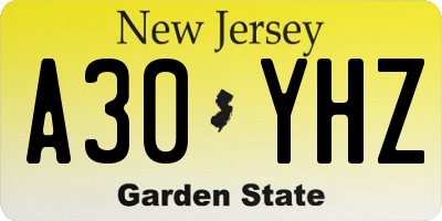 NJ license plate A30YHZ
