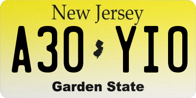 NJ license plate A30YIO