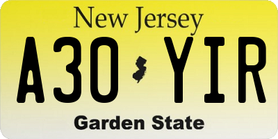 NJ license plate A30YIR