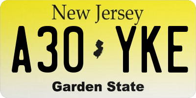 NJ license plate A30YKE