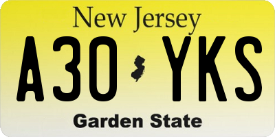 NJ license plate A30YKS