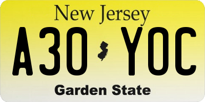 NJ license plate A30YOC
