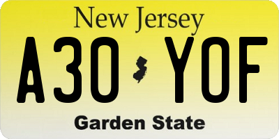 NJ license plate A30YOF